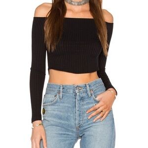 Revolve LNA Off the Shoulders Cropped Top Ribbed Knit Long Sleeve Black Small